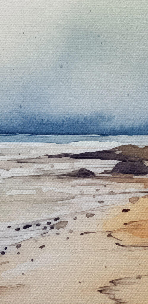 Watercolor of a beach with rocks and water
