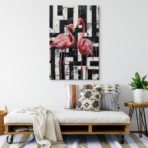 A painting of flamingos on a black and white background A painting of flamingos on a black and white background