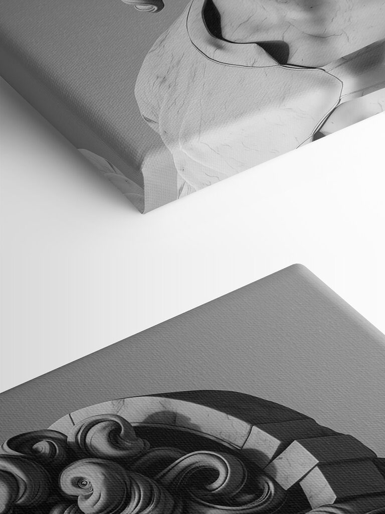 A statue of a man with headphones and a bubble gum