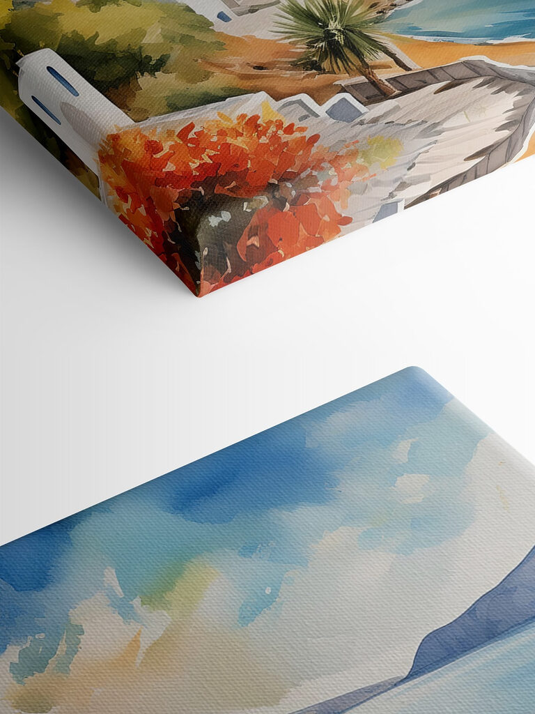 A watercolor painting of a town on a cliff A watercolor painting of a town on a cliff