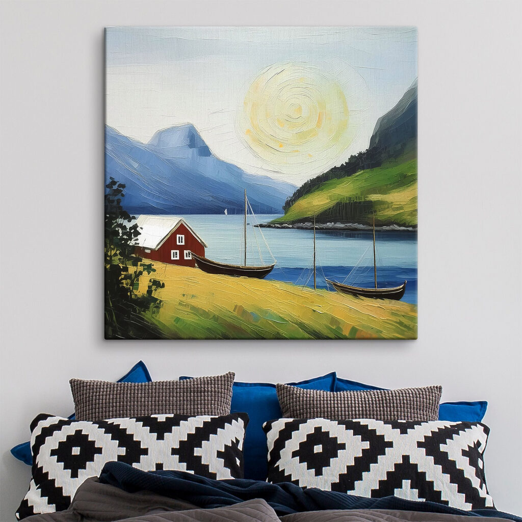 A painting of a house and boats on a lake