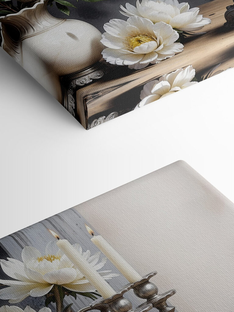 A silver candelabra with white flowers