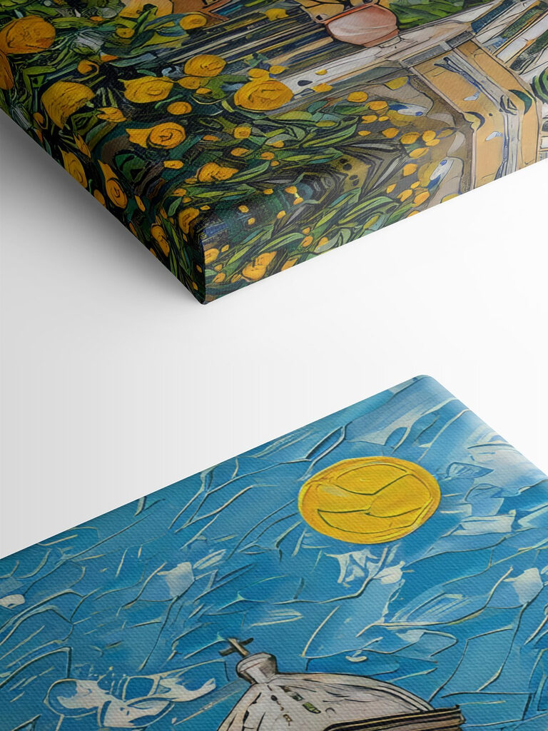 Painting of a building with a bell tower