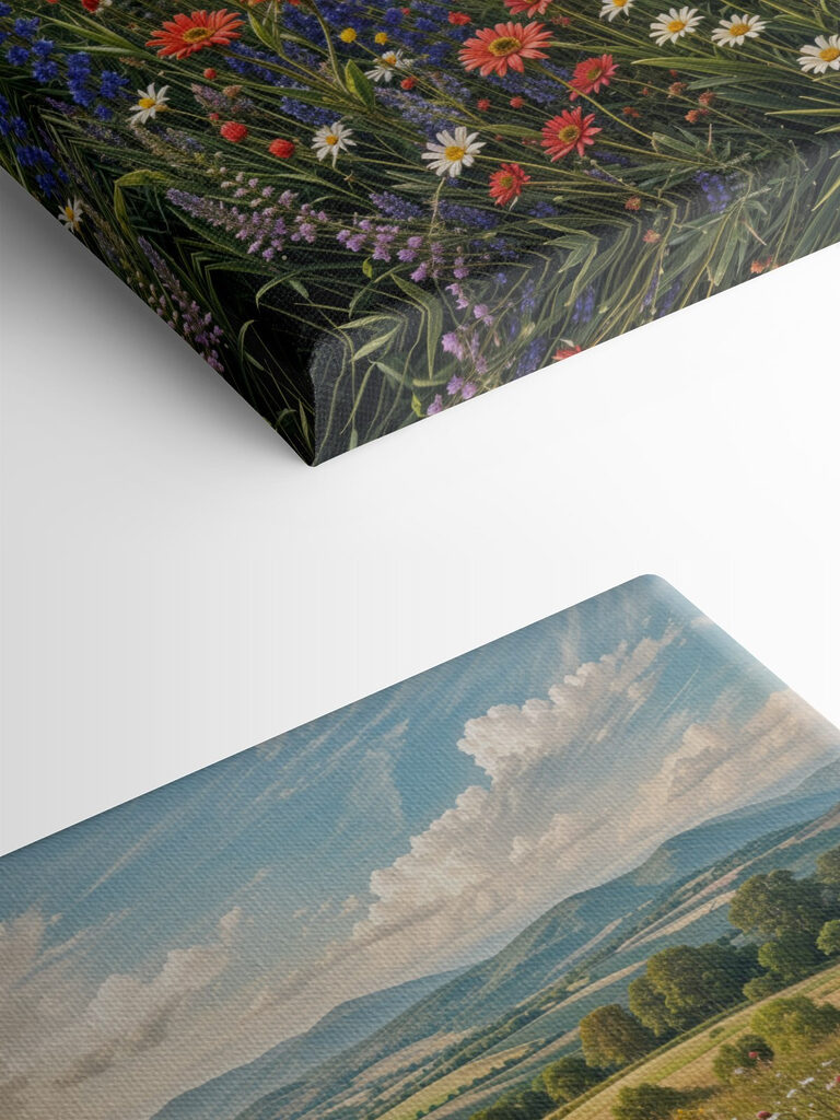 Field of flowers with mountains in the background