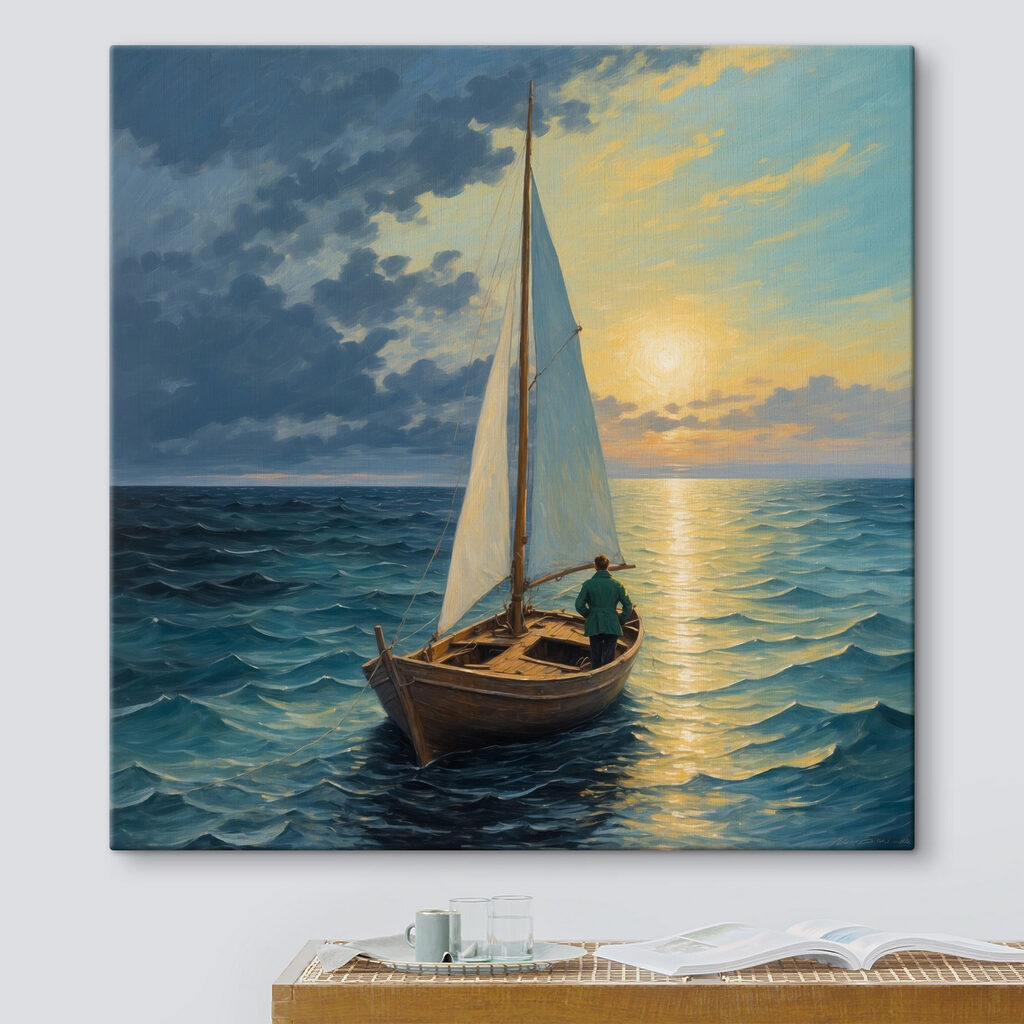 Painting of a man in a boat in the ocean Painting of a man in a boat in the ocean
