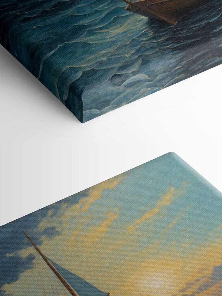 Painting of a man in a boat in the ocean Painting of a man in a boat in the ocean