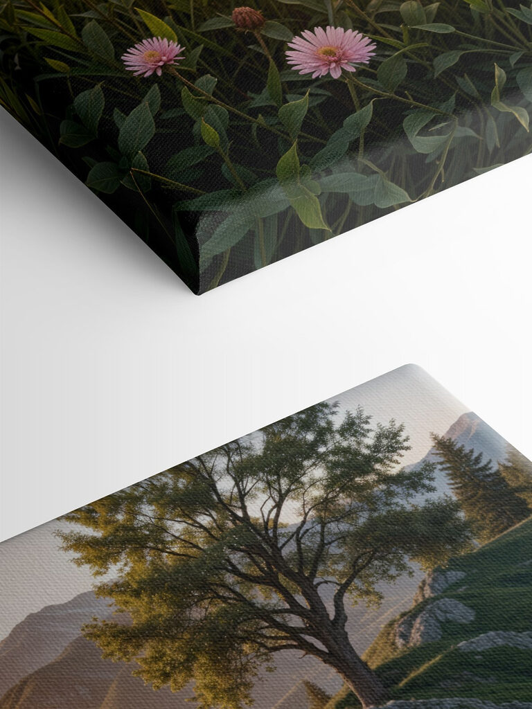 Field of pink flowers with a tree and mountains in the background Field of pink flowers with a tree and mountains in the background