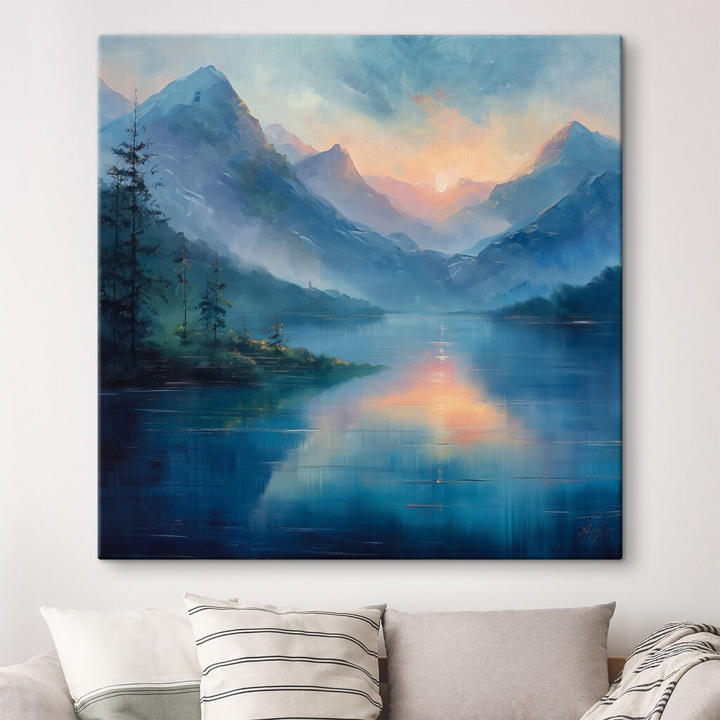 Painting of a lake with mountains and trees