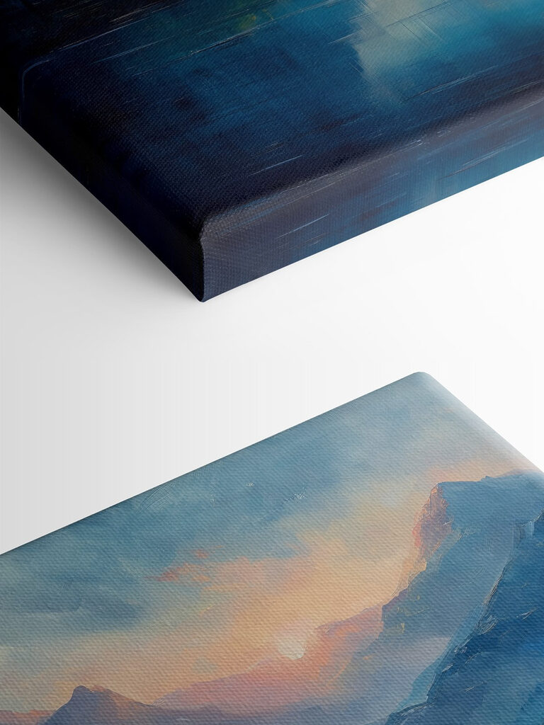 Painting of a lake with mountains and trees