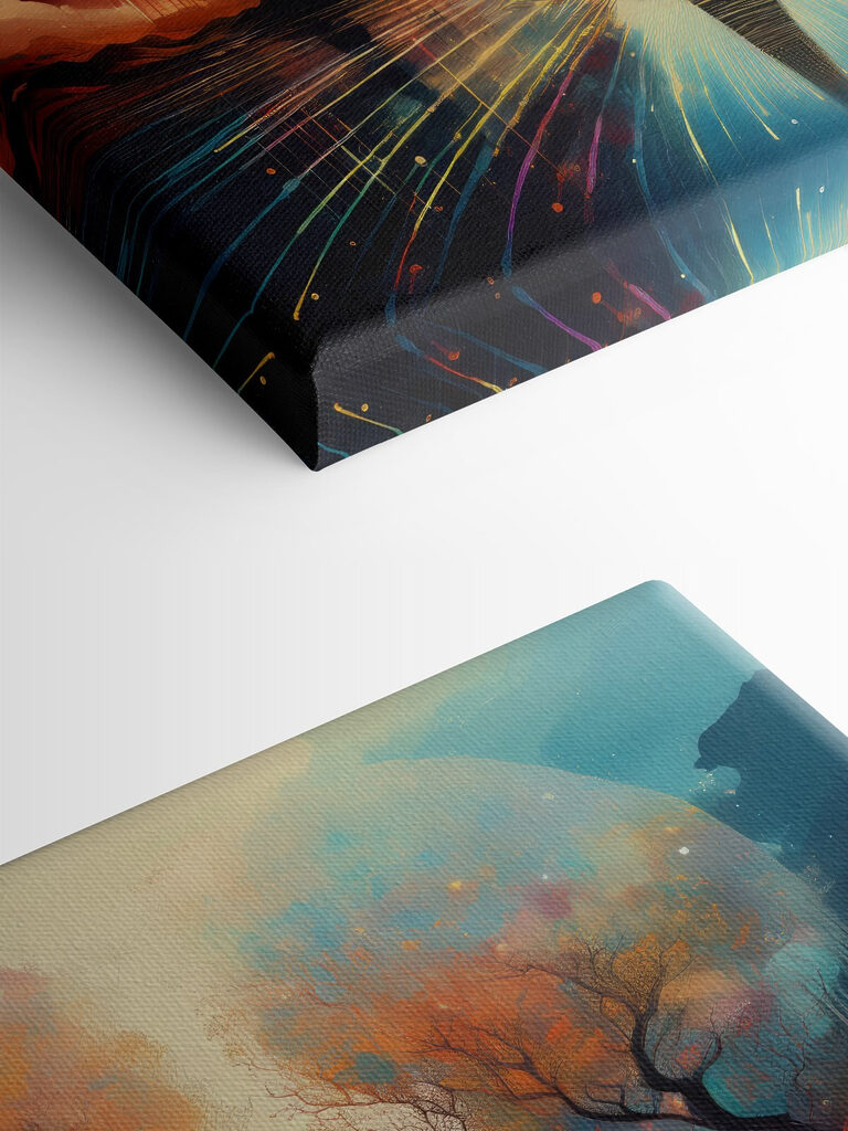 Woman standing on a reflective surface with trees and a large moon Woman standing on a reflective surface with trees and a large moon