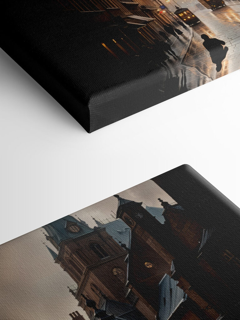 Street with buildings and a train on it Street with buildings and a train on it