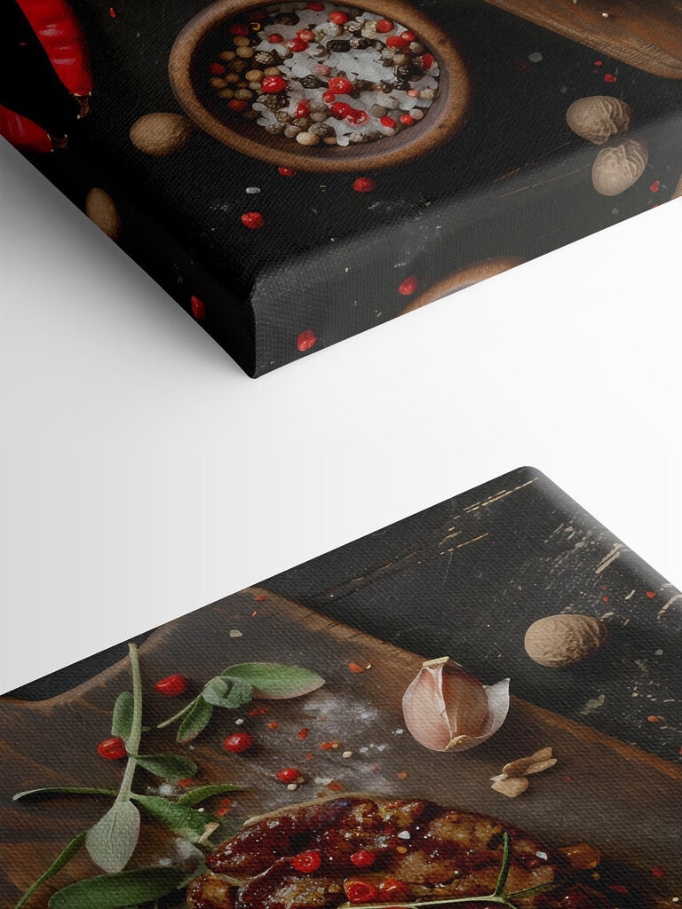 Piece of meat with spices and herbs on a cutting board