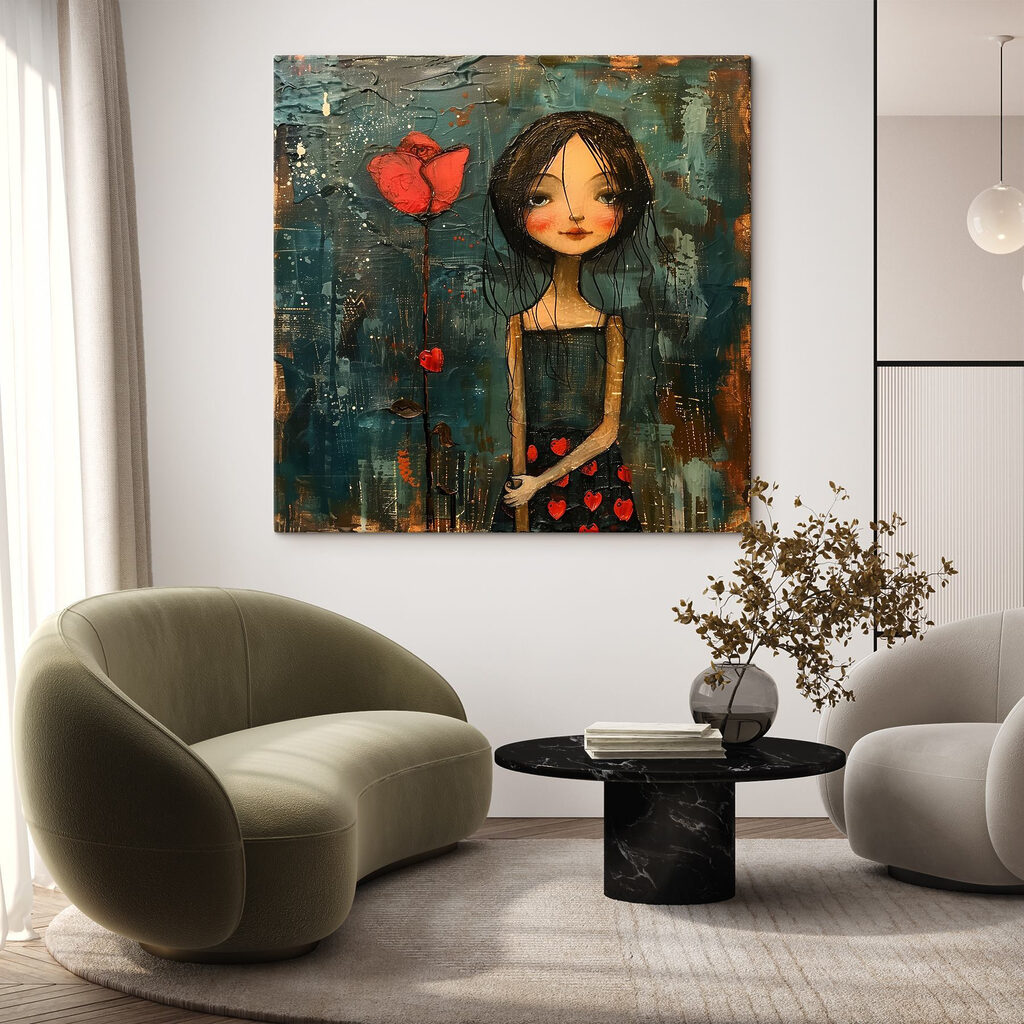 Painting of a girl holding a flower