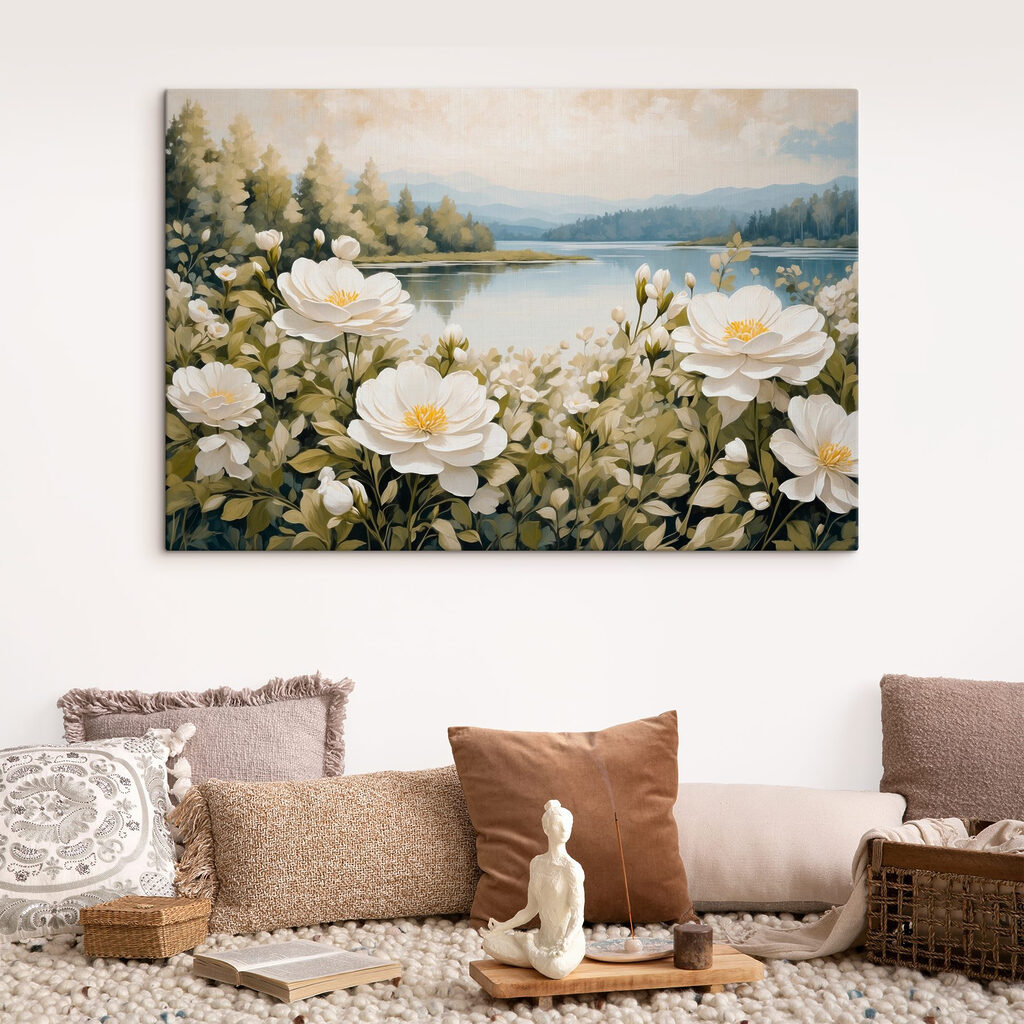 Painting of flowers by a lake Painting of flowers by a lake