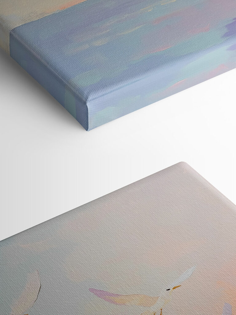 Painting of birds flying over water Painting of birds flying over water