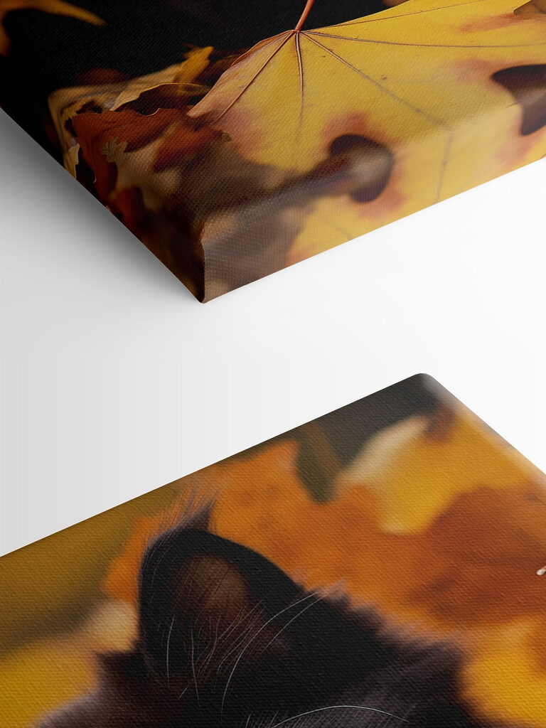 Black kitten in a pile of leaves