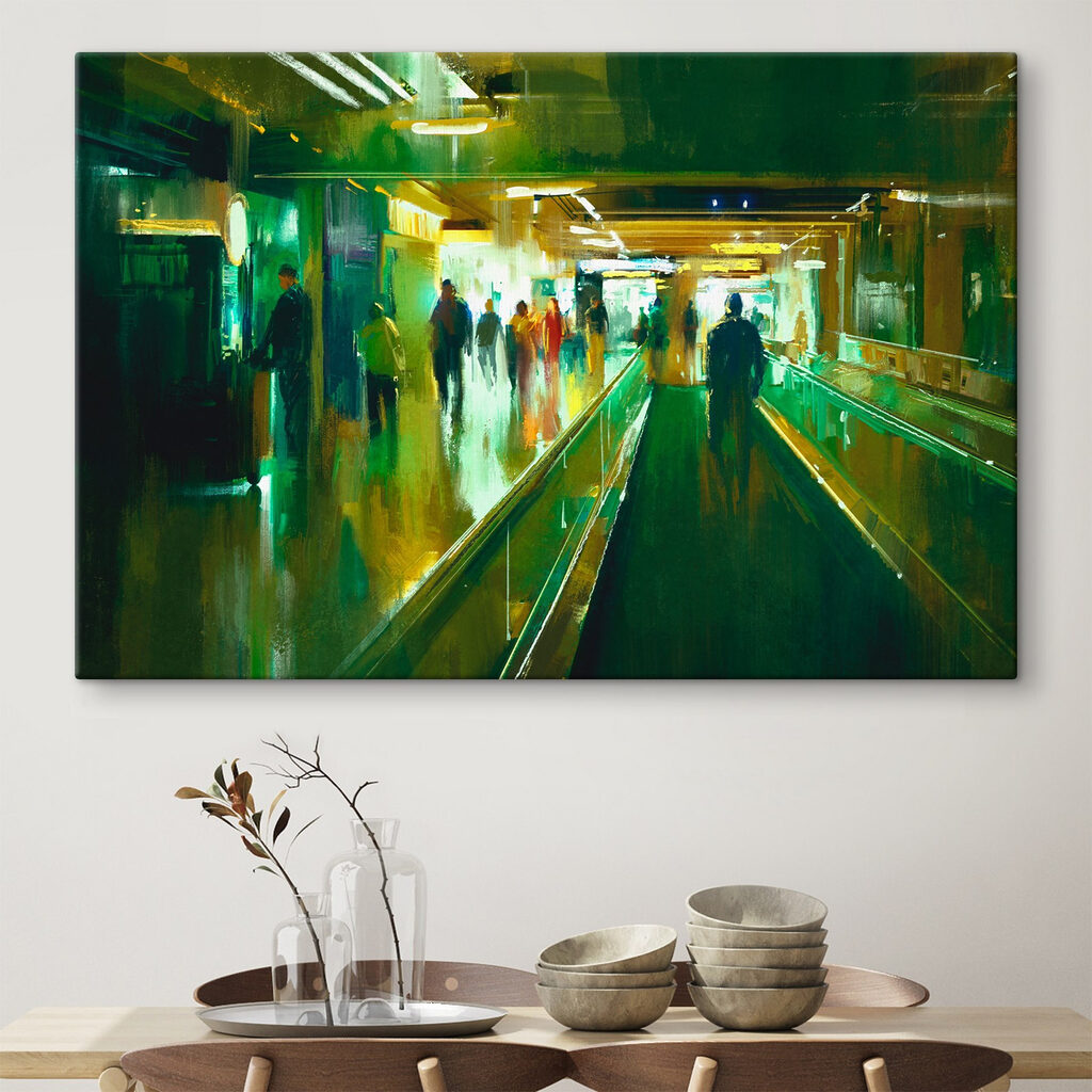 A group of people walking on an escalator A group of people walking on an escalator