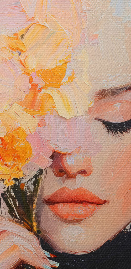 Painting of a woman holding flowers Painting of a woman holding flowers