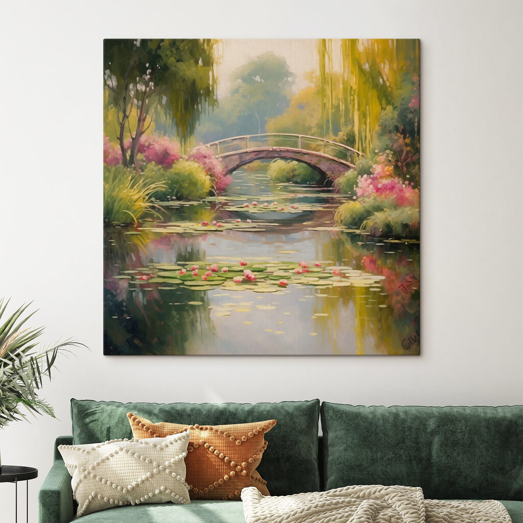 Bridge over a pond with lily pads and flowers Bridge over a pond with lily pads and flowers