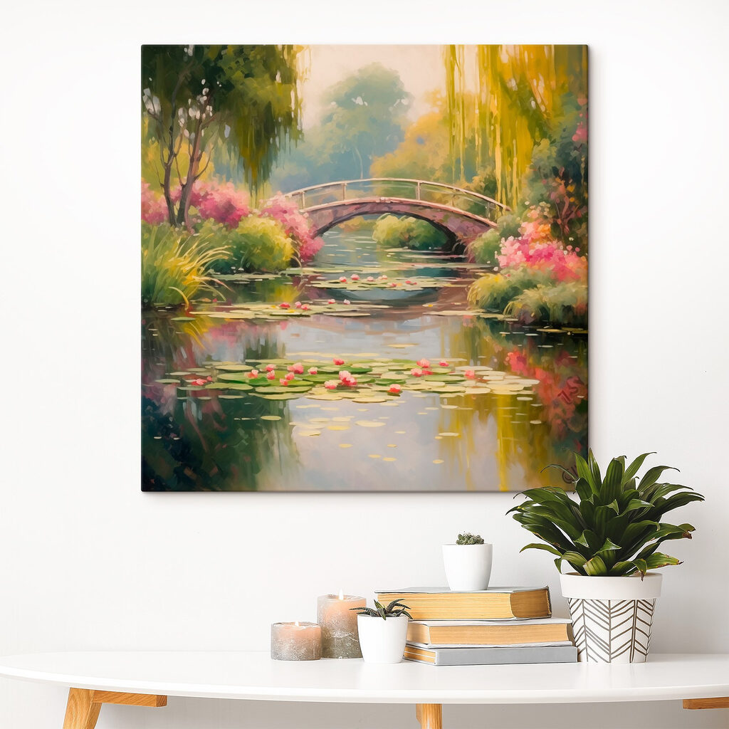 Bridge over a pond with lily pads and flowers Bridge over a pond with lily pads and flowers
