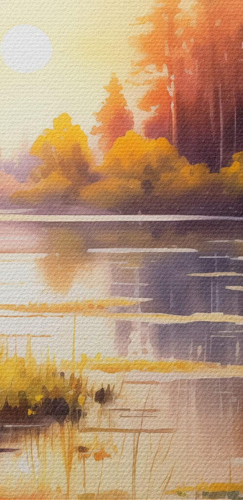 Watercolor painting of a lake with trees and grass