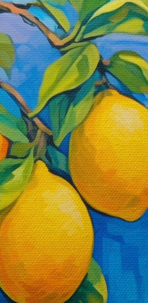 Painting of a lemon tree with a city in the background
