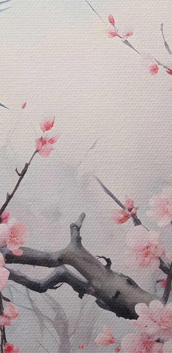 Bird on a branch with pink flowers