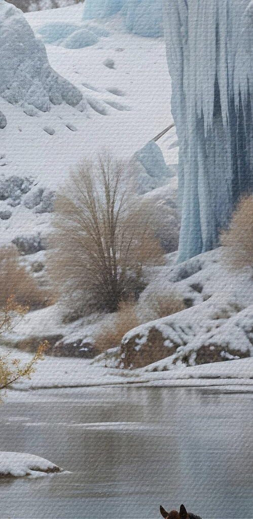 Horse standing in the snow next to a body of water Horse standing in the snow next to a body of water