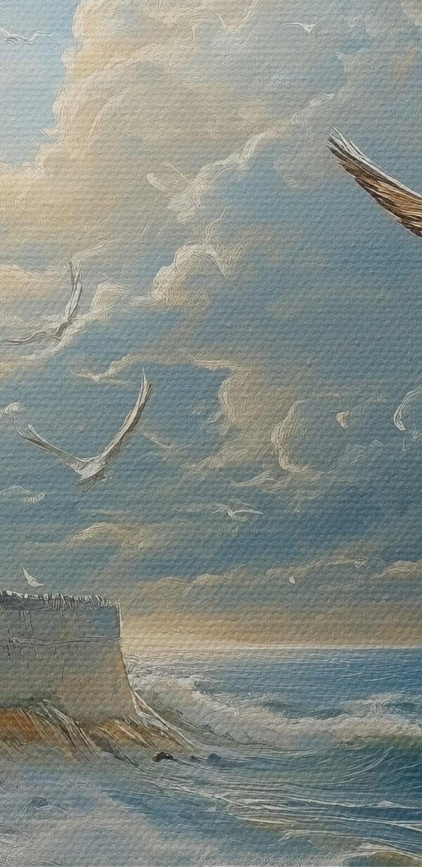 Painting of birds flying over a beach Painting of birds flying over a beach