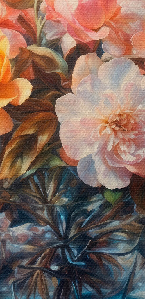 Painting of flowers in a glass vase