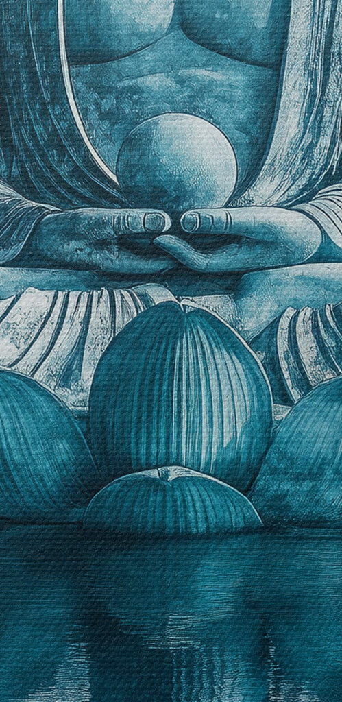 Statue of a person sitting on a lotus flower in water