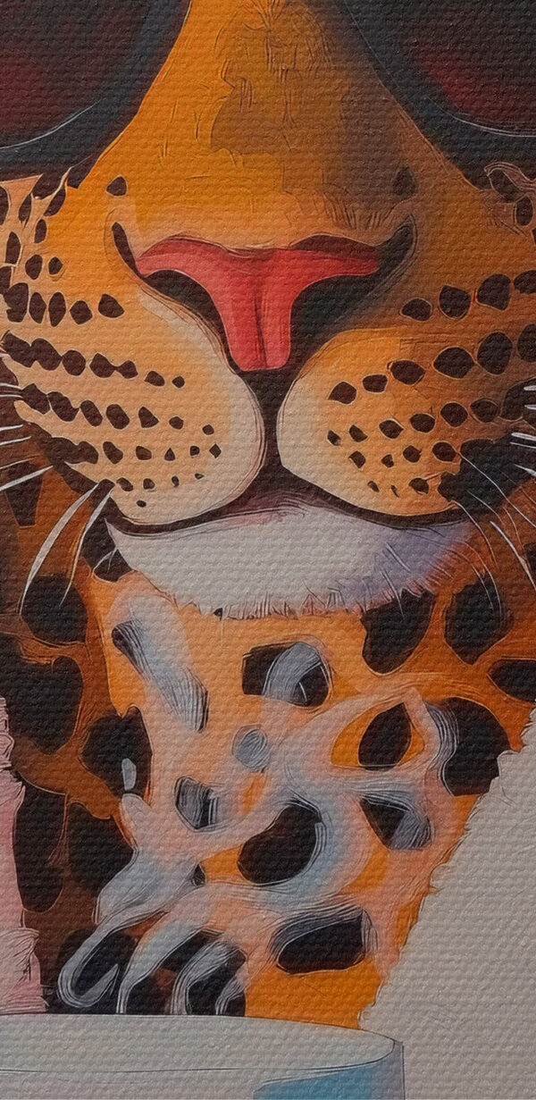 Maľba leoparda v rúchu a slnečných okuliaroch, ktorý drží pohár Maľba leoparda v rúchu a slnečných okuliaroch, ktorý drží pohár