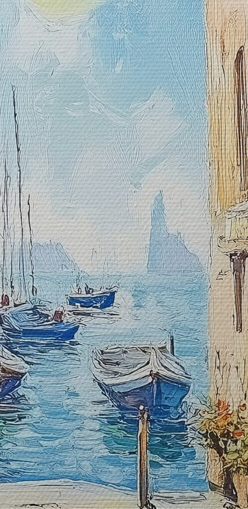 Painting of a street with boats and buildings Painting of a street with boats and buildings