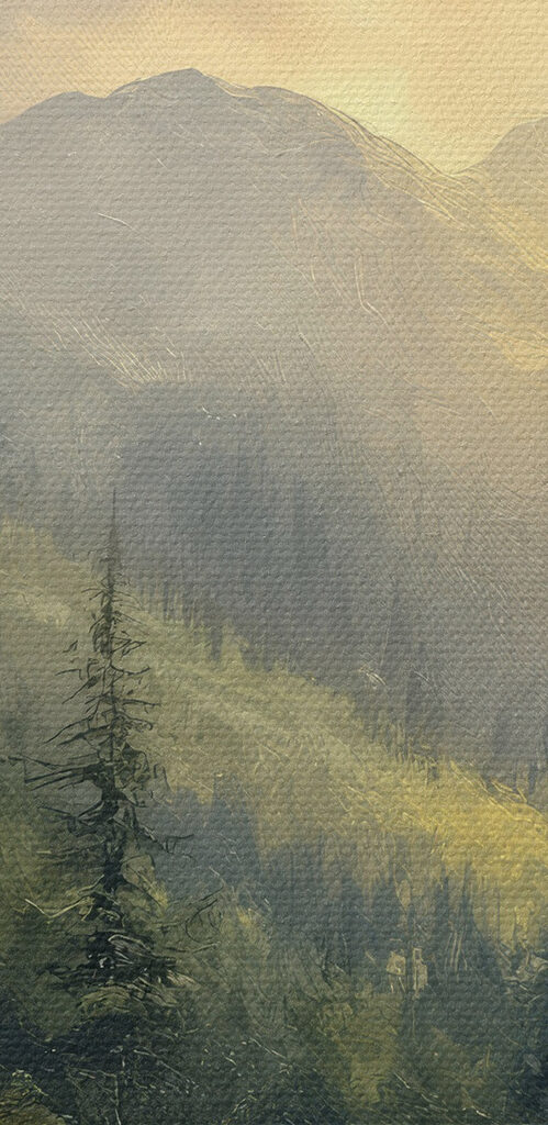 Painting of a forest with mountains and trees Painting of a forest with mountains and trees