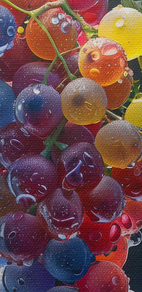 Bunch of colorful grapes with water droplets on them