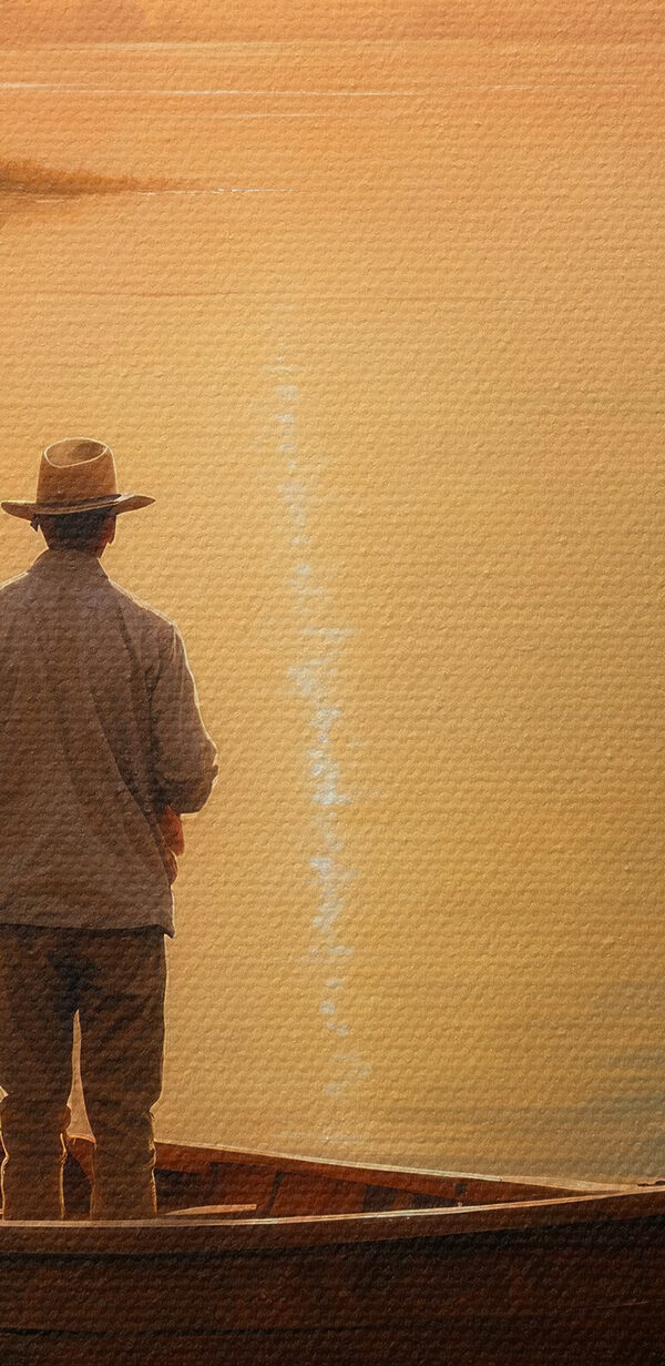 Man standing in a boat on a lake