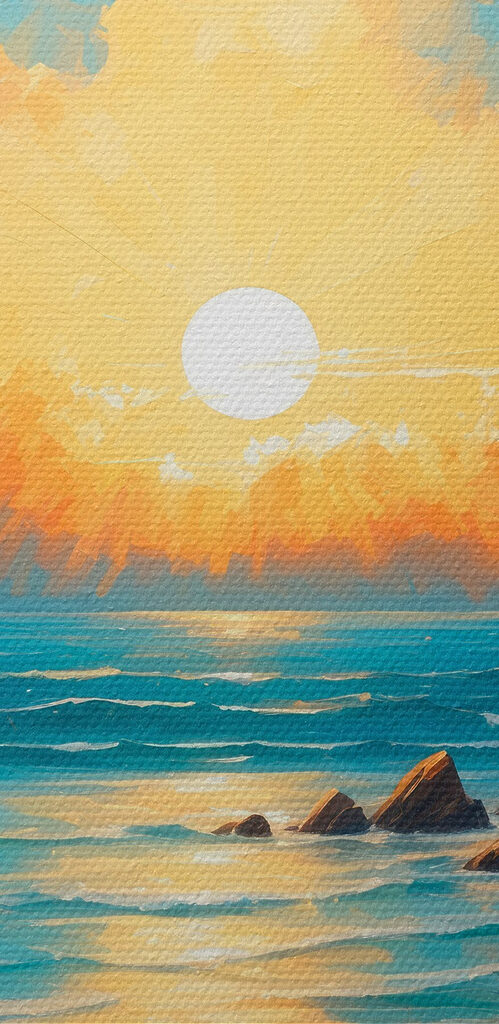 Painting of a beach with rocks and water and the sun