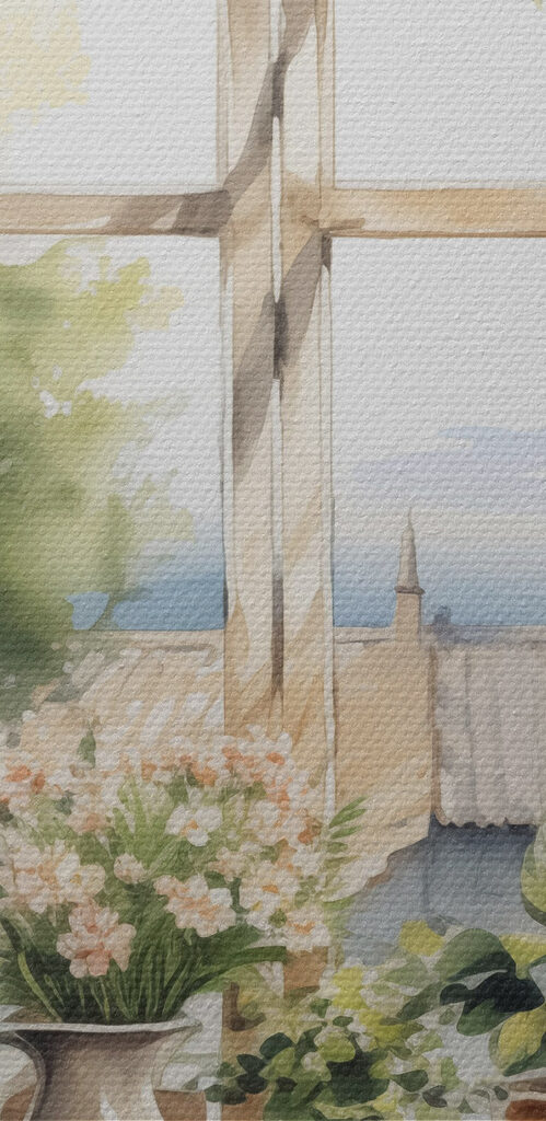 Watercolor painting of a window with potted plants