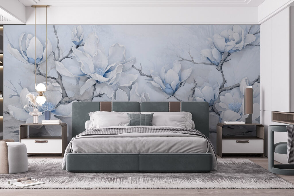 Painting of white flowers on a branch