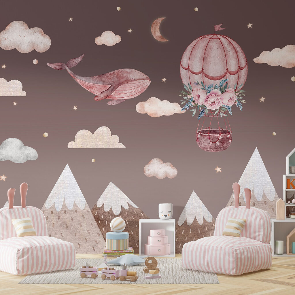 Whale and hot air balloon in the sky