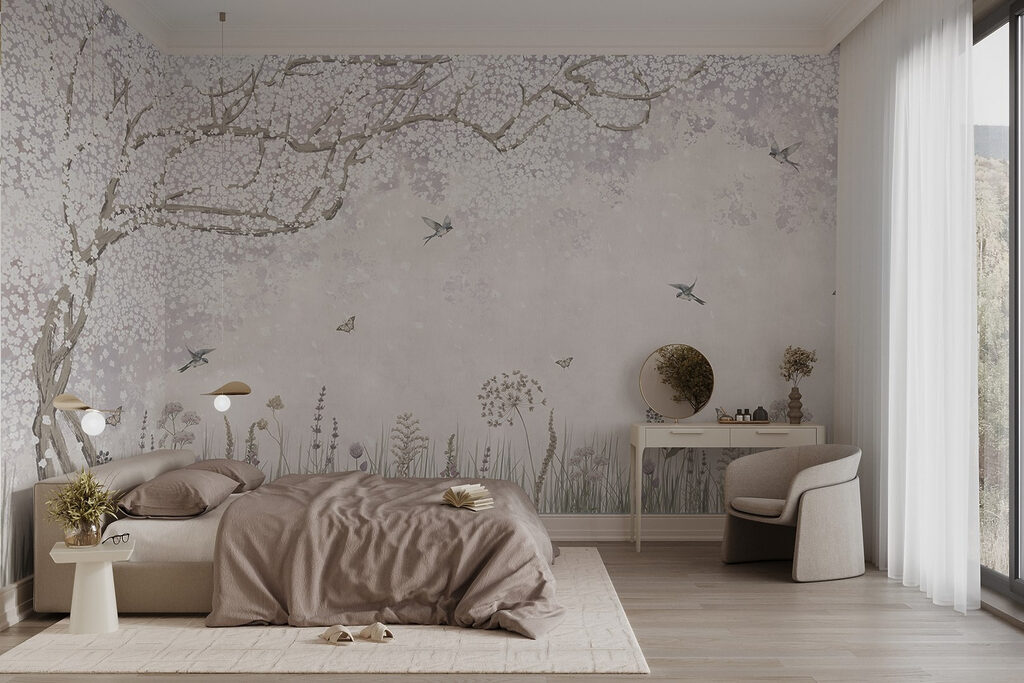 Painting of a garden with flowers and butterflies Painting of a garden with flowers and butterflies