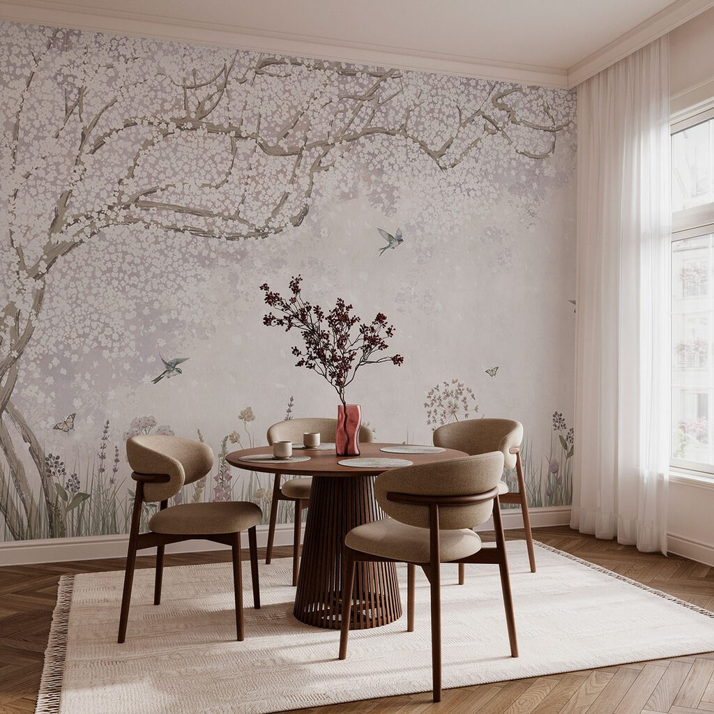 Painting of a garden with flowers and butterflies Painting of a garden with flowers and butterflies