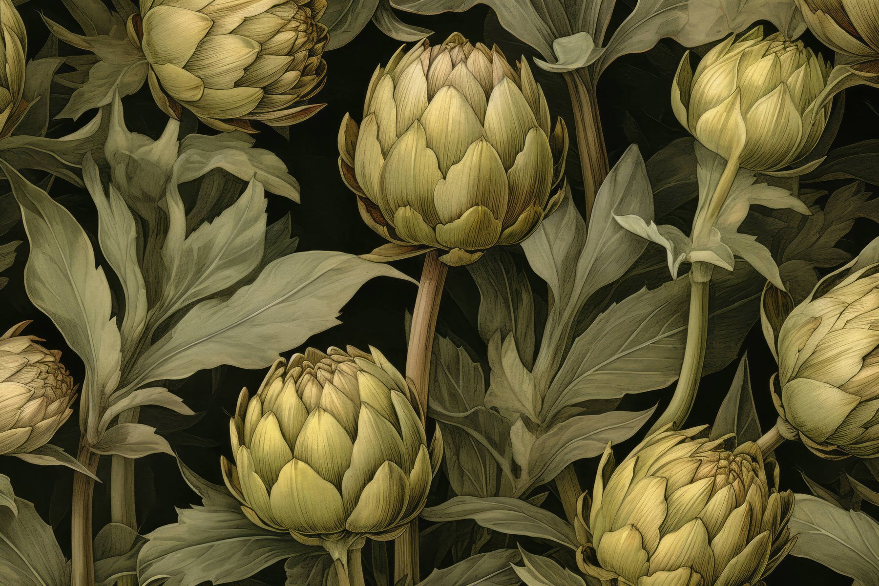 Artichokes with leaves and stems on a black background
