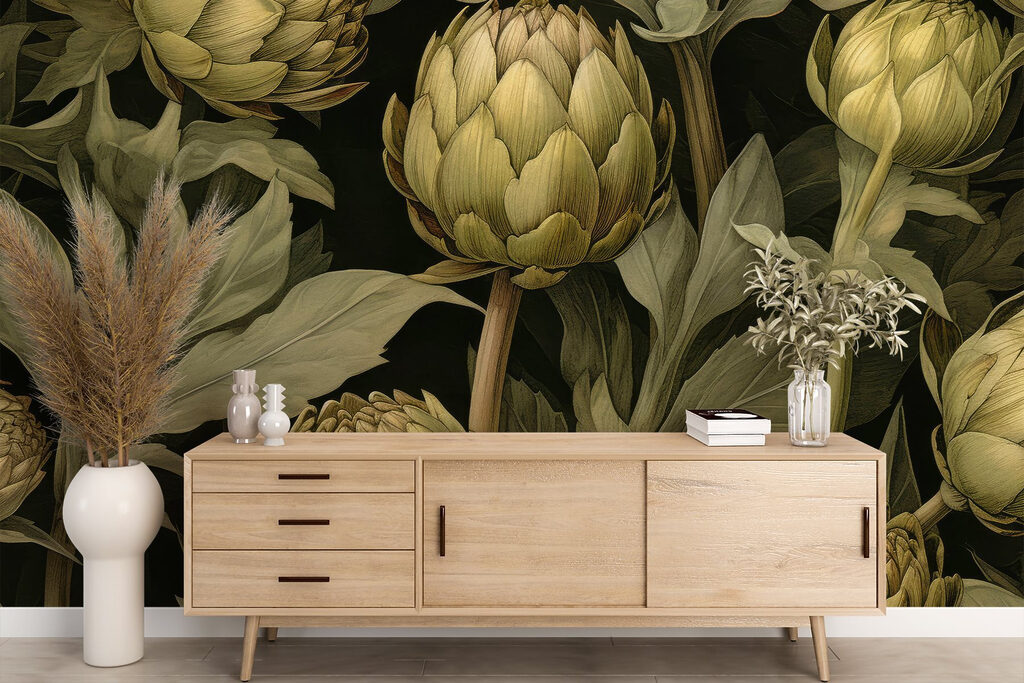 Artichokes with leaves and stems on a black background