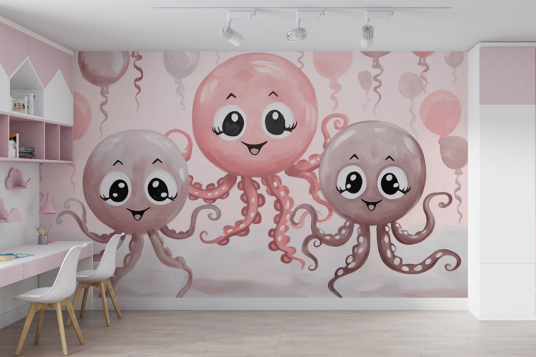 Group of octopuses with balloons