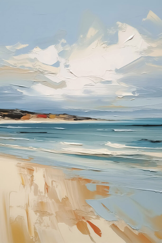 Painting of a beach and water Painting of a beach and water