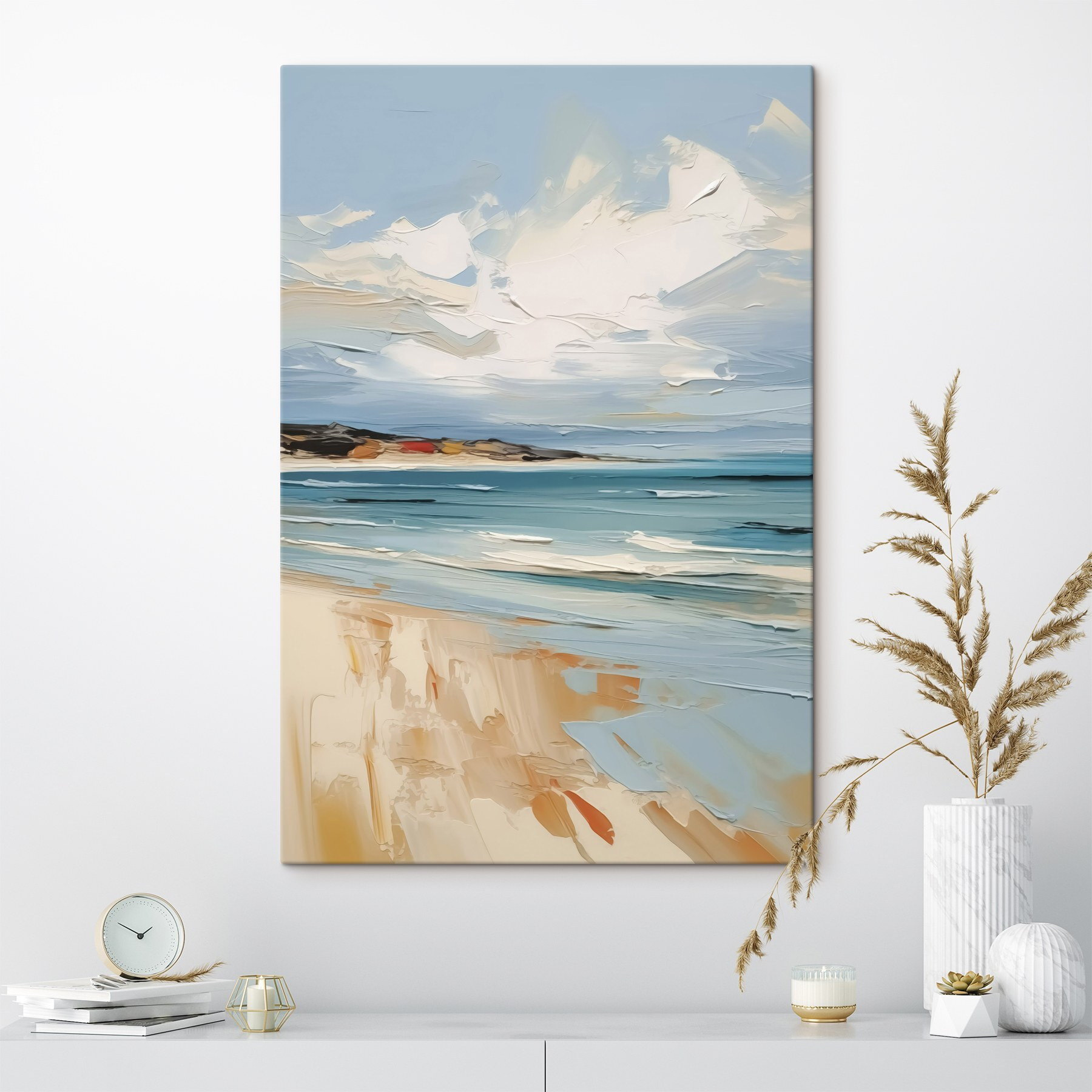 Painting of a beach and water Painting of a beach and water