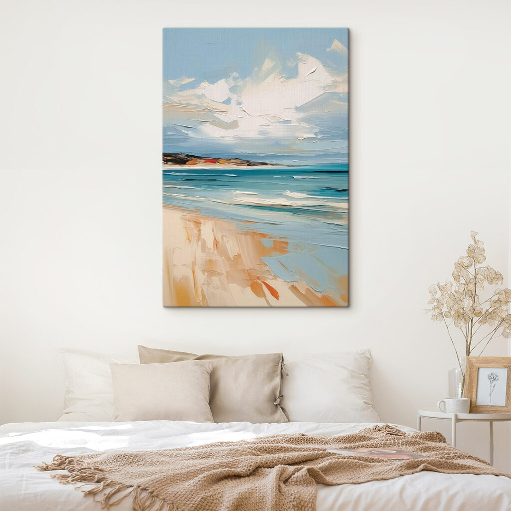 Painting of a beach and water Painting of a beach and water