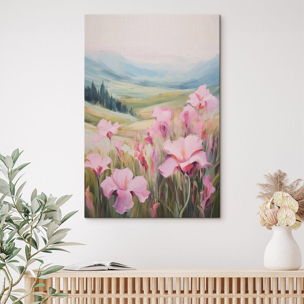 Painting of pink flowers in a field Painting of pink flowers in a field
