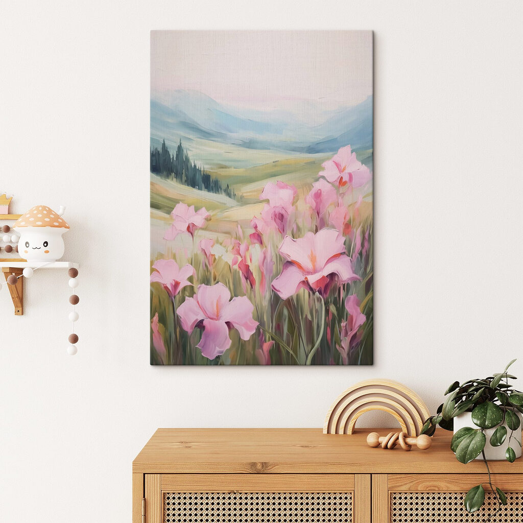 Painting of pink flowers in a field Painting of pink flowers in a field